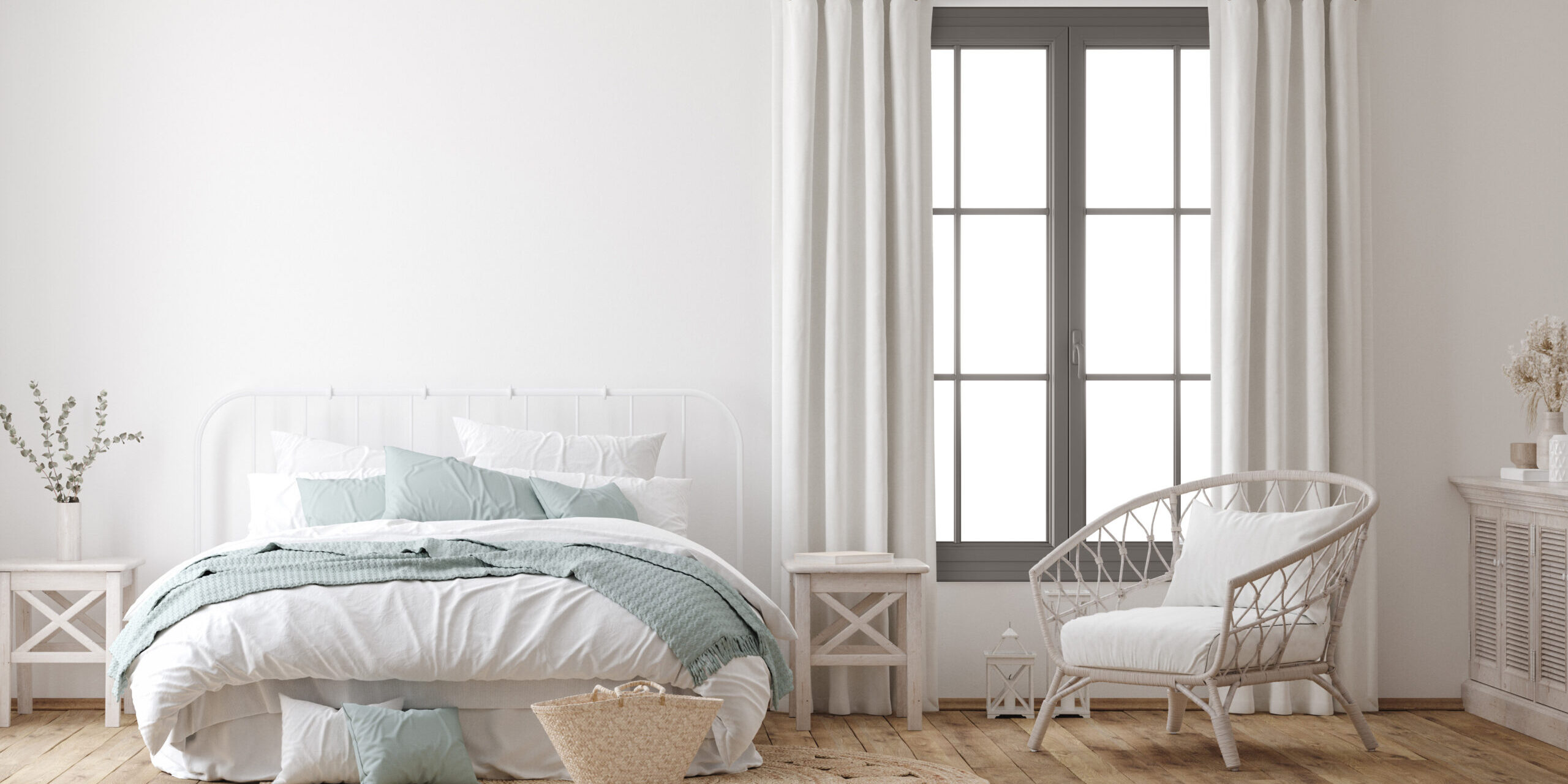 Light farmhouse bedroom interior with blank wall